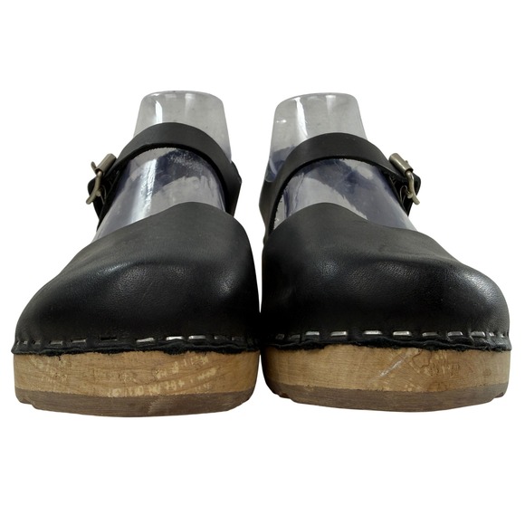 Lottas Stockholm Wood Clog Size 39 / 9 Sandals Buckle Ankle Strap Black Leather - Picture 6 of 10
